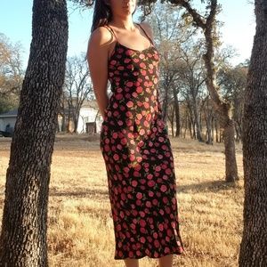 Silk black floral Betsy Johnson lowback midi dress